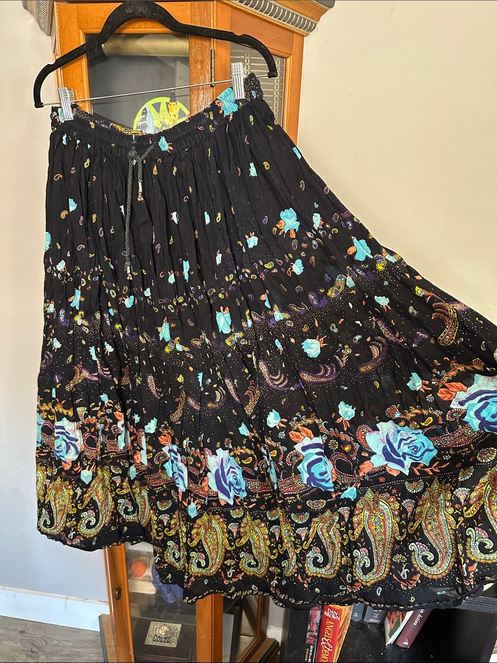 Bohemian A-Line Black Skirt with Turquoise Floral Print